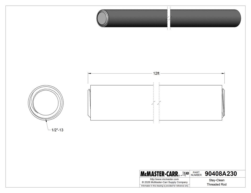 Technical Drawing of Stay-Clean Threaded Rod, 304 Stainless Steel, 1/2"-13 Thread Size, 12 Feet Long.